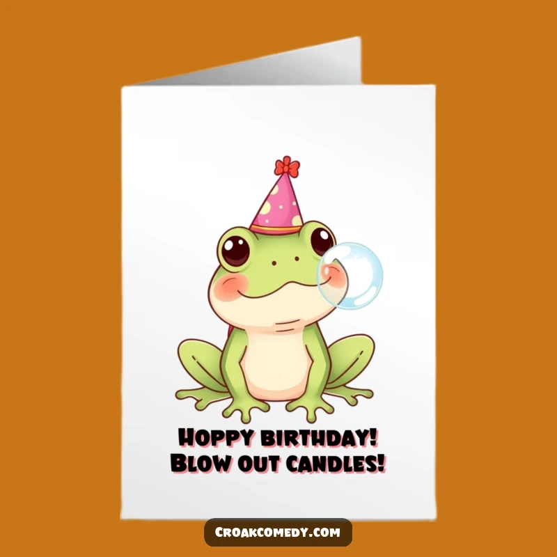Funny Free Printable Birthday Card: Playful Frog Party Hat Bubble Blow Downloadable Gift