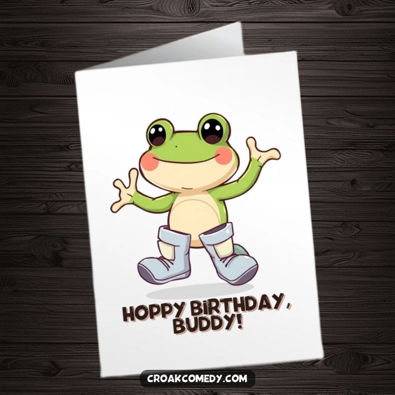 Funny Free Printable Birthday Card: A joyful frog wearing oversized boots, hopping with excitement for the birthday celebration.