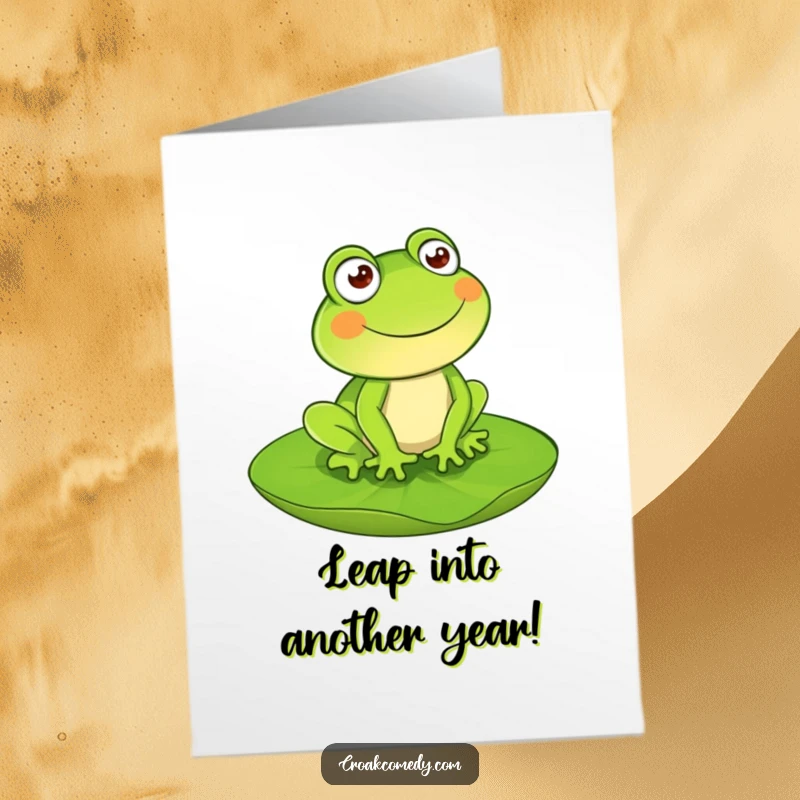 Funny Free Printable Birthday Card: A smiling green frog joyfully hops over a lily pad, ready for birthday fun.