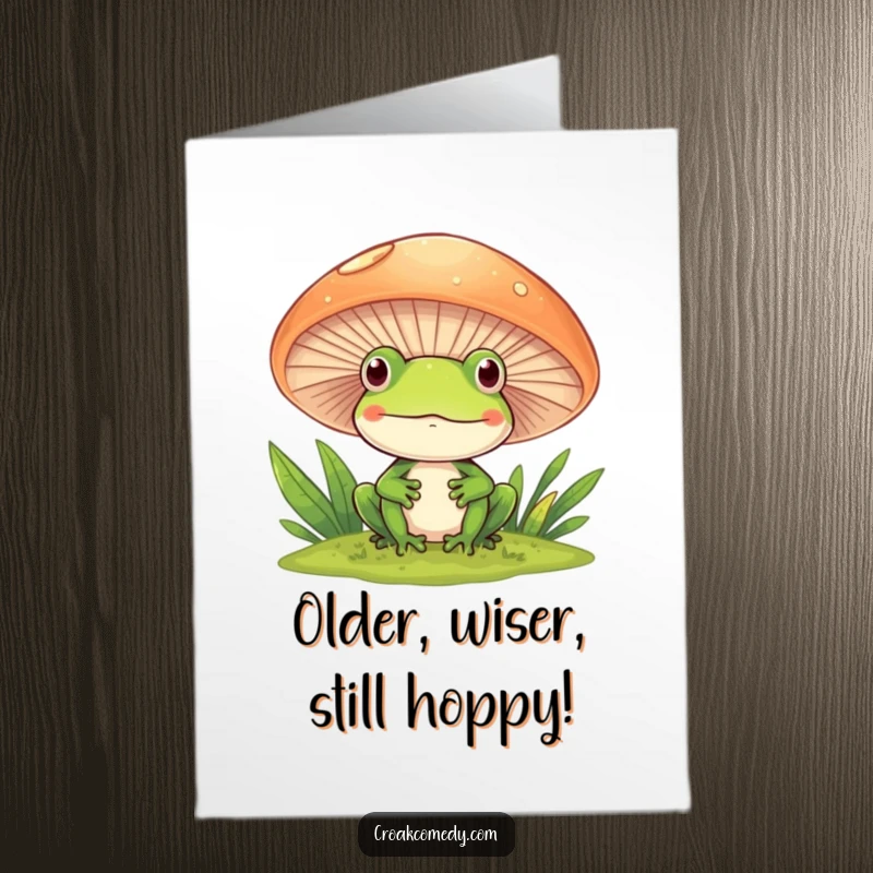 Funny free printable birthday card: a curious frog peeking with a smile from behind a large, whimsical mushroom.
