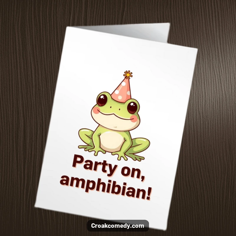 Funny Free Printable Birthday Card: A happy frog sporting a tiny, colorful party hat with a cheerful, celebratory expression.