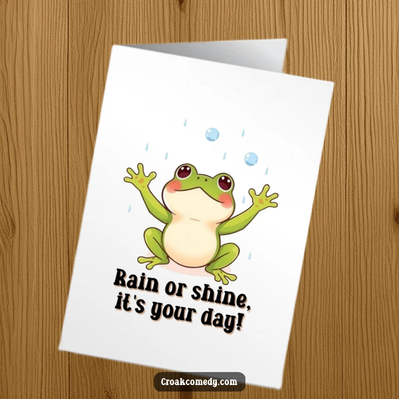 Funny Free Printable Birthday Card: Small frog with arms outstretched, catching raindrops with delight, perfect for birthday wishes.