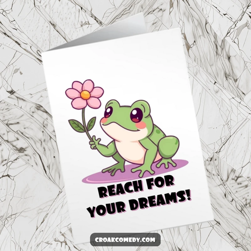 Funny Free Printable Birthday Card: A determined frog eyes a floating flower, striving to reach it.