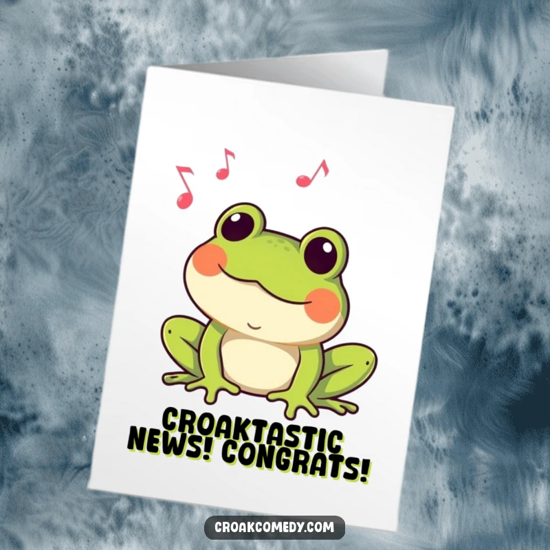 Funny Free Printable Congratulations Card with a happy frog croaking a celebratory tune amidst musical notes.