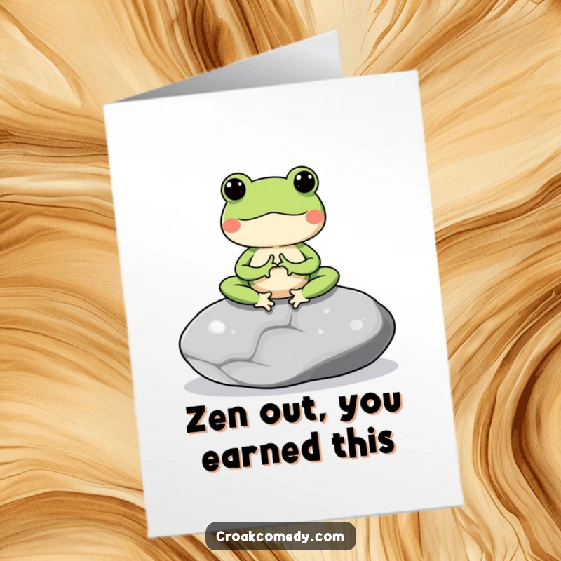 Funny Free Printable Congrats Card: Meditating frog on a stone, celebrating success with tranquil vibes.