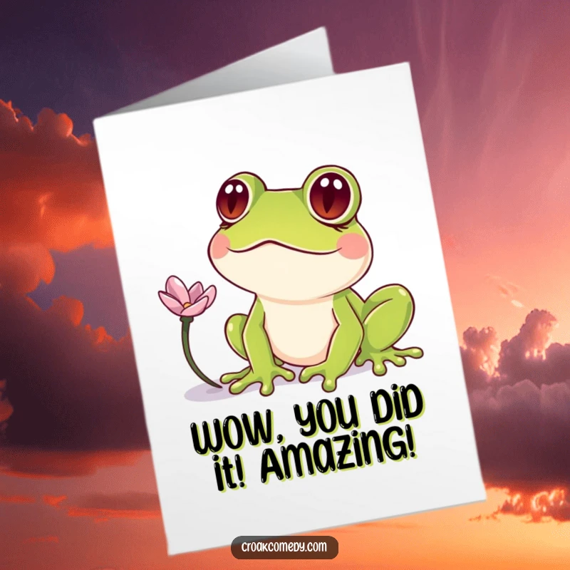 Funny Free Printable Congratulations Card featuring a frog with hilariously crossed eyes fixated on a delicate flower petal.