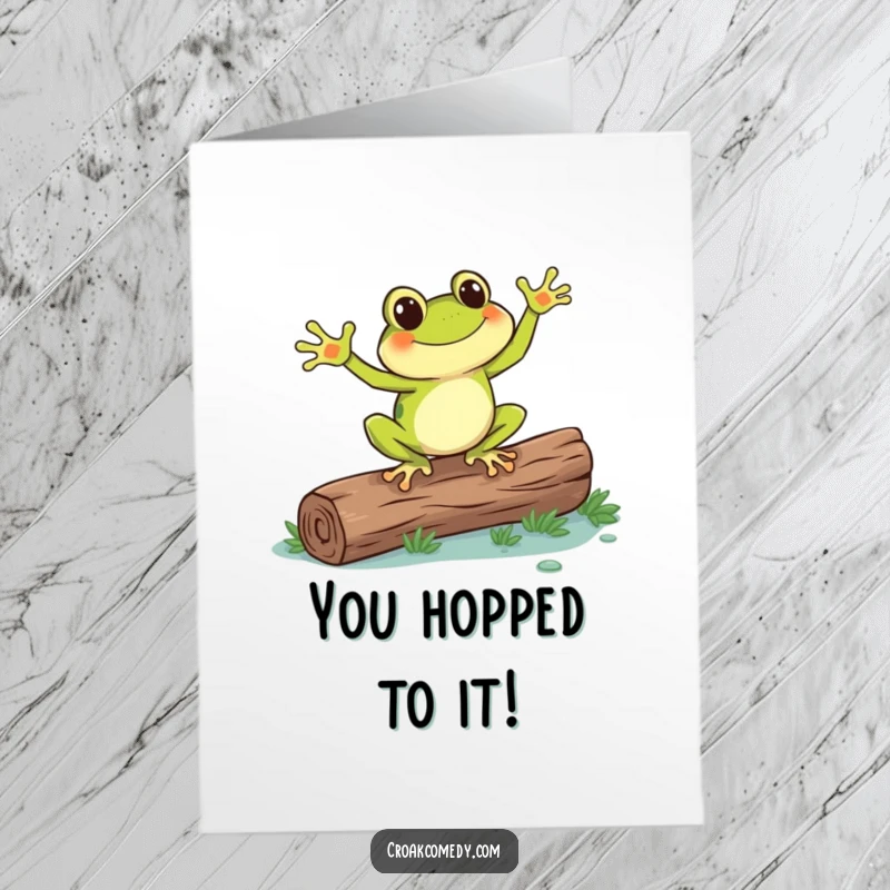 Funny Free Printable Congrats Card: A cheerful frog with webbed feet celebrates with a lively dance on a log.