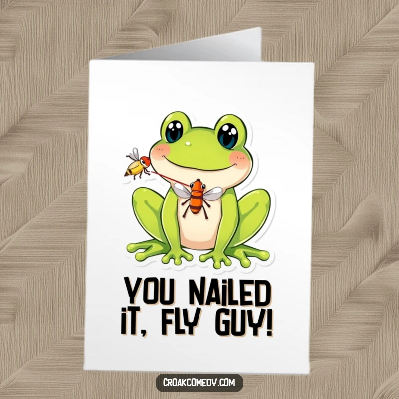 Free Printable Congratulations Card: A smiling frog proudly displays a fly expertly balanced on its tongue, a symbol of achievement.