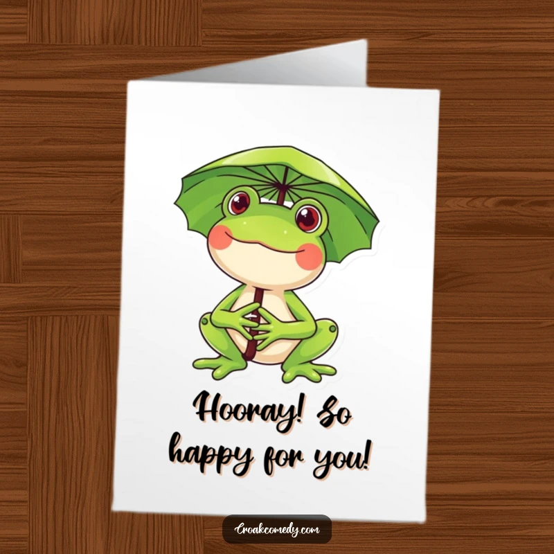 Funny Free Printable Congratulations Card: A smiling frog holds a lily pad umbrella, celebrating a fantastic accomplishment.