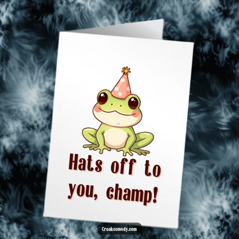 Free Printable Congratulations Card featuring a happy frog wearing a small party hat, ready to celebrate any joyous event.