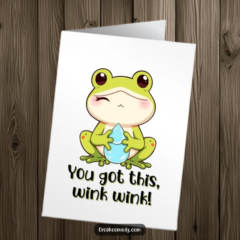 Funny Free Printable Congrats Card: Winking frog holds a dewdrop, celebrating an achievement with flair.