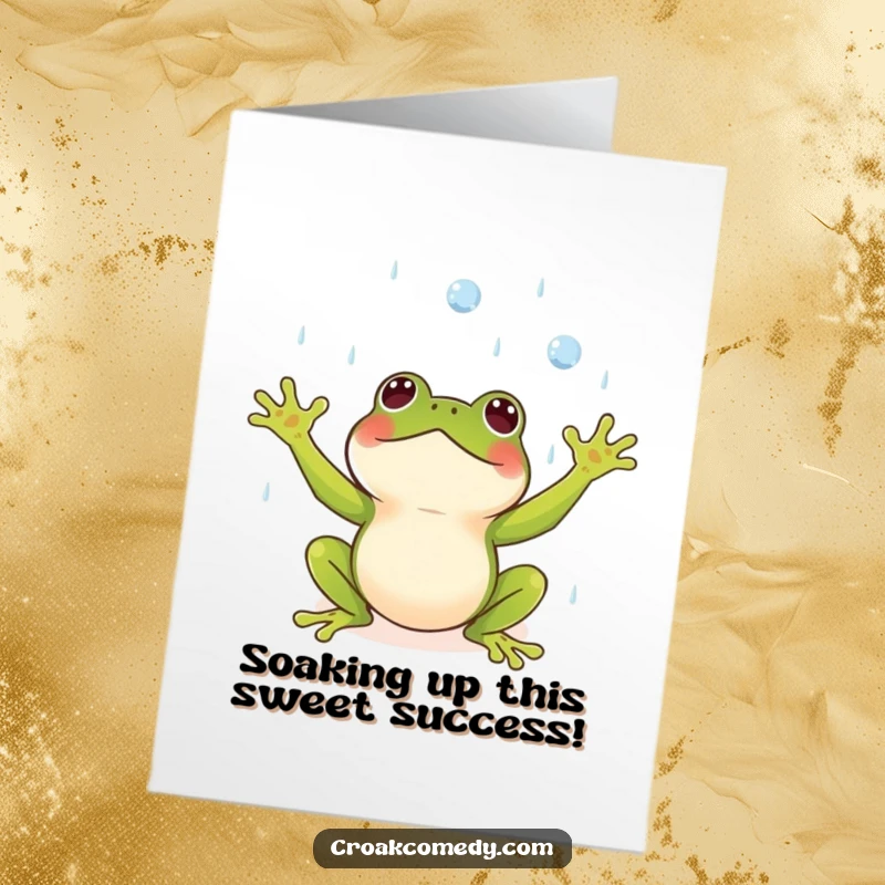 Funny Free Printable Congratulations Card: Small frog arms outstretched, catching raindrops with delight, celebrating achievements.