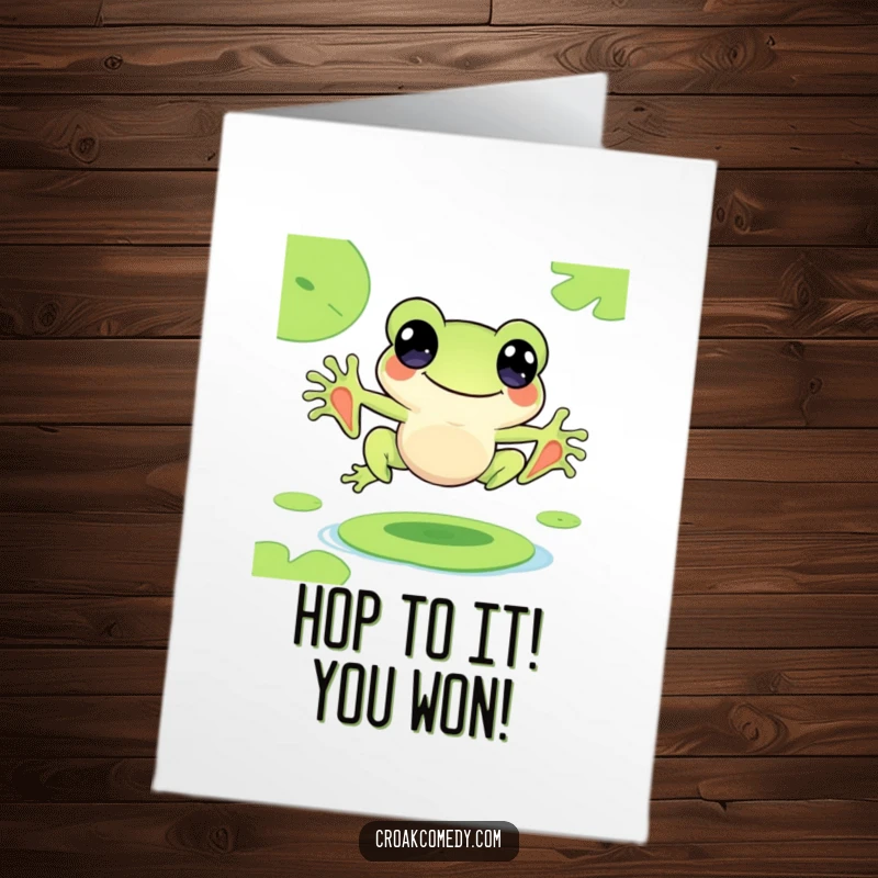 Funny Free Printable Congratulations Card: Cute frog joyfully leaping from lily pad to lily pad, celebrating good news.