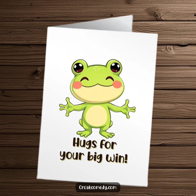 Funny Free Printable Congratulations Card: Jubilant frog with arms outstretched, offering a celebratory hug for success.