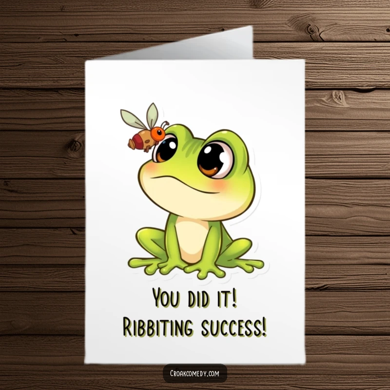 Funny Free Printable Congratulations Card: A cartoon frog stares intently at a fly, symbolizing a successful catch or goal achieved.