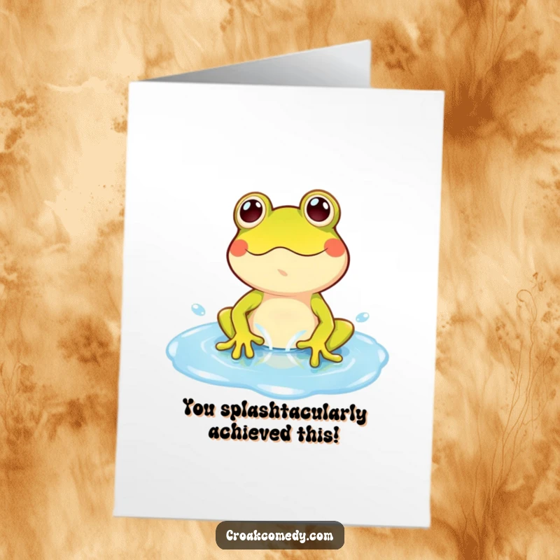 Funny Free Printable Congratulations Card: A playful frog gleefully splashes in a bright blue puddle, celebrating success with pure joy.