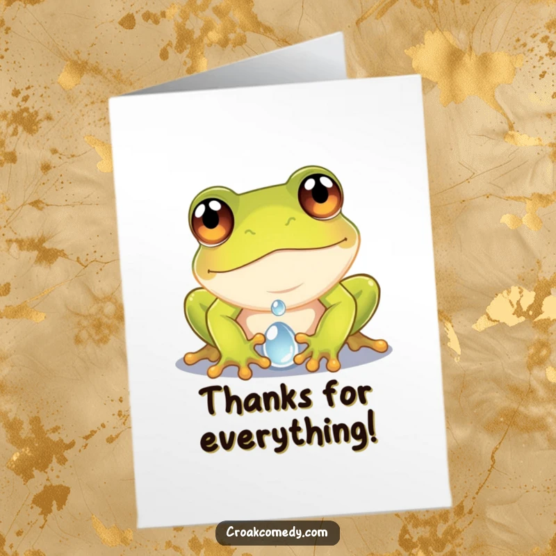 Funny Free Printable Thank You Card: A curious frog with wide eyes gazing into a fascinating dewdroplet.