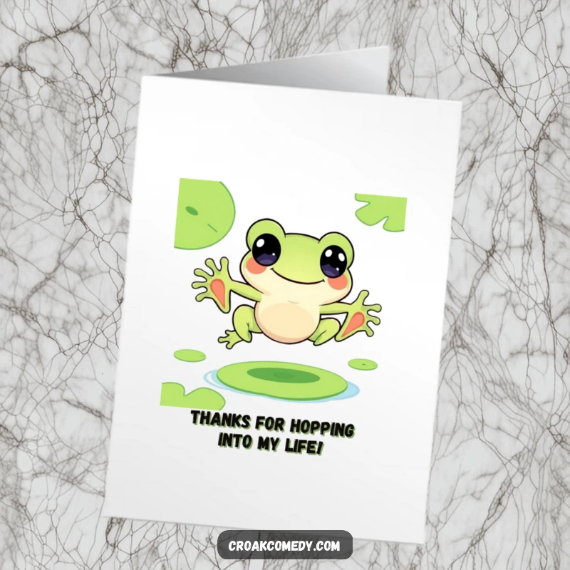 Funny Free Printable Thank You Card: Adorable frog character joyfully leaping, a fun way to say thank you.