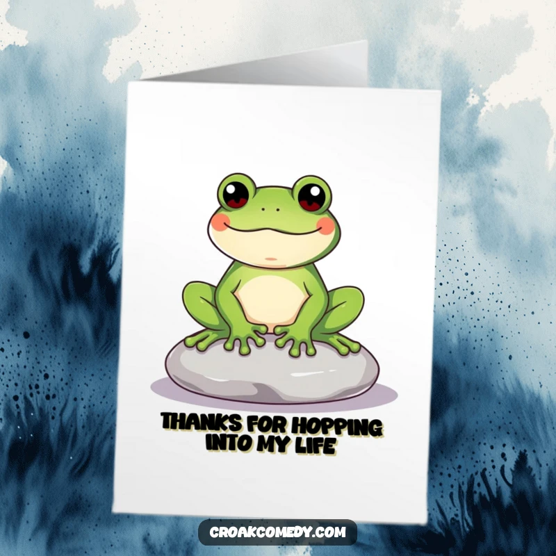 Funny Free Printable Thank You Card: A content frog sits peacefully on a stone, humorously conveying deep gratitude.