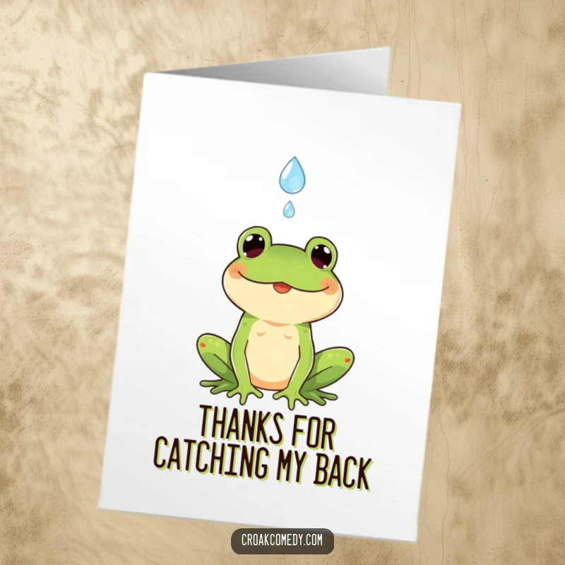 Funny Free Printable Thank You Card: A smiling frog catches a raindrop, a unique way to say thanks.