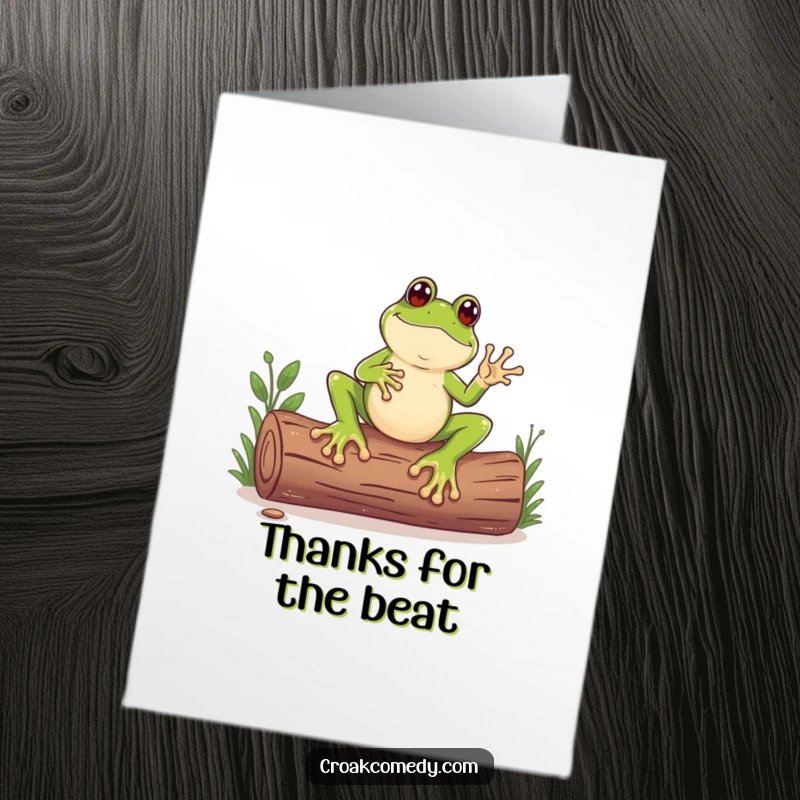 Funny Free Printable Thank You Card: A frog with big feet taps out a cheerful rhythm on a log.