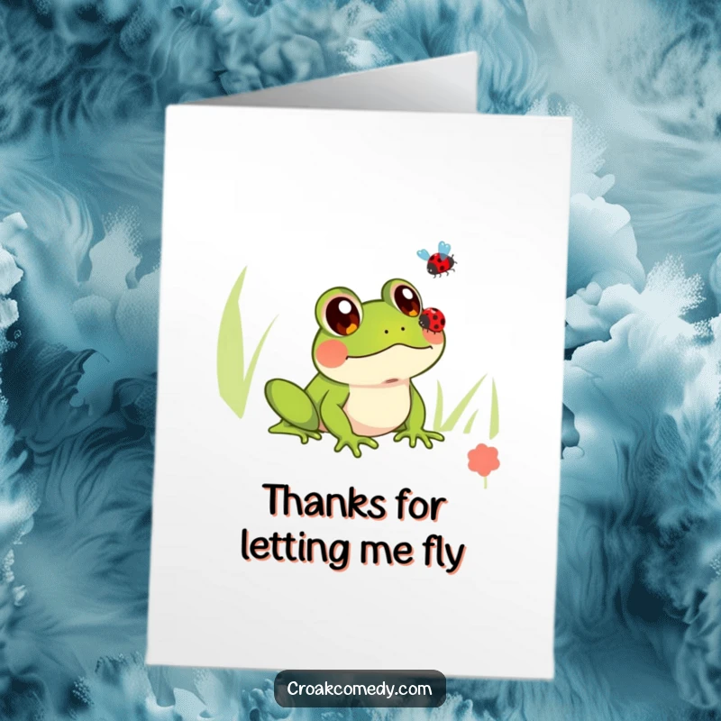Funny Free Printable Thank You Card: A frog with innocent eyes watches a ladybug fly, a sweet thank you.