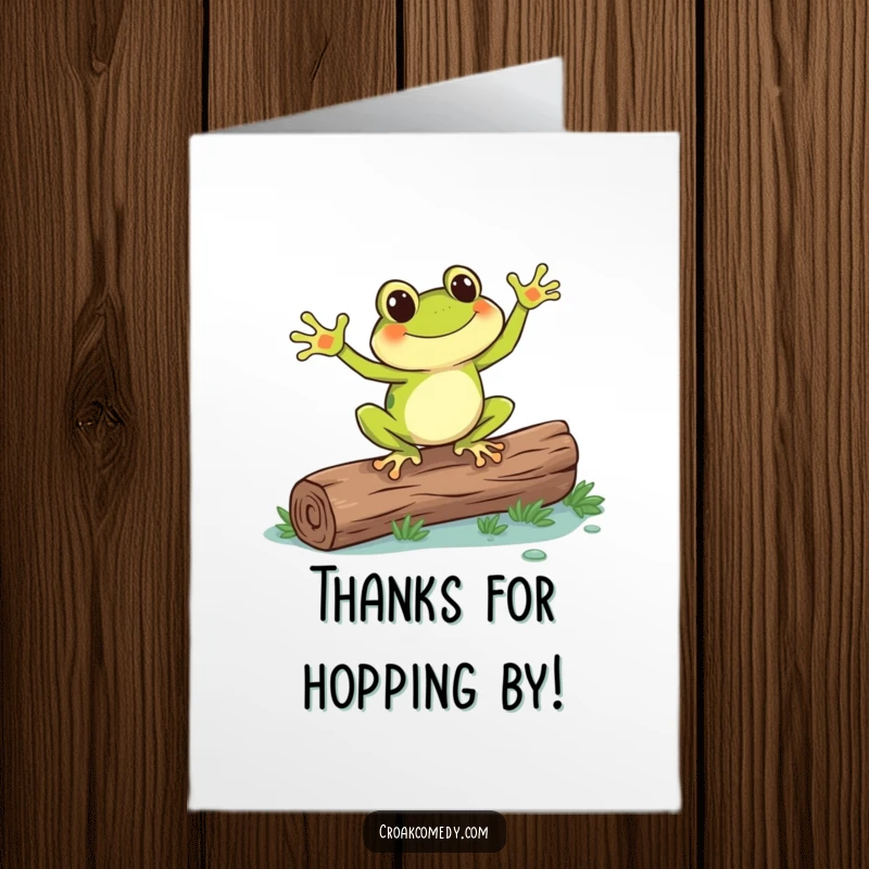 Funny Free Printable Thank You Card: A happy frog with big webbed feet dances enthusiastically on a log.