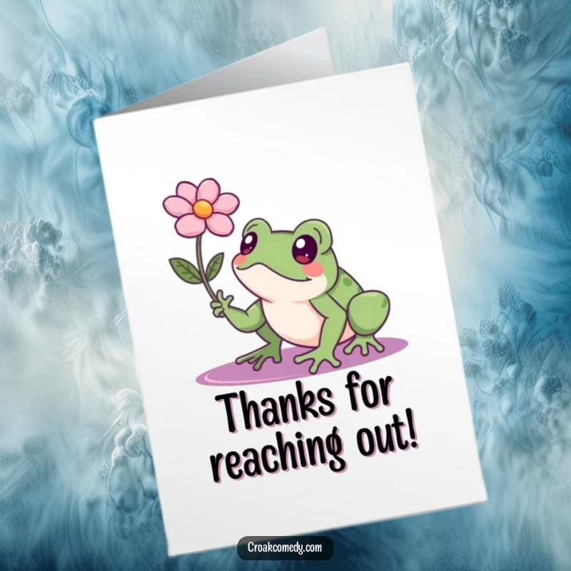 Funny Free Printable Thank You Card: A determined frog reaching for a floating flower expresses effort.