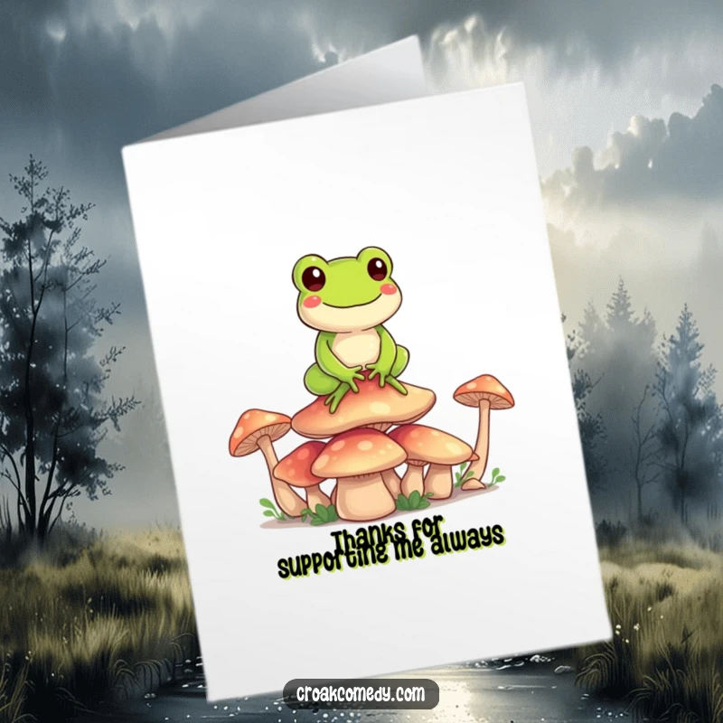 Funny Free Printable Thank You Card: A happy cartoon frog balances on a stack of mushrooms, conveying thanks with whimsical charm.