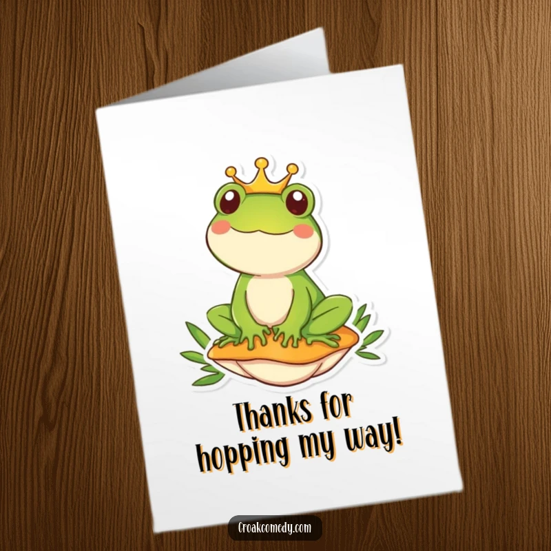 Funny Free Printable Thank You Card: A regal frog wearing a tiny crown on a mushroom, offering thanks.
