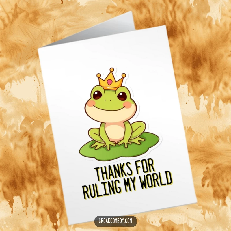 Funny Free Printable Thank You Card: Royal frog on a lily pad conveys thanks with noble grace.
