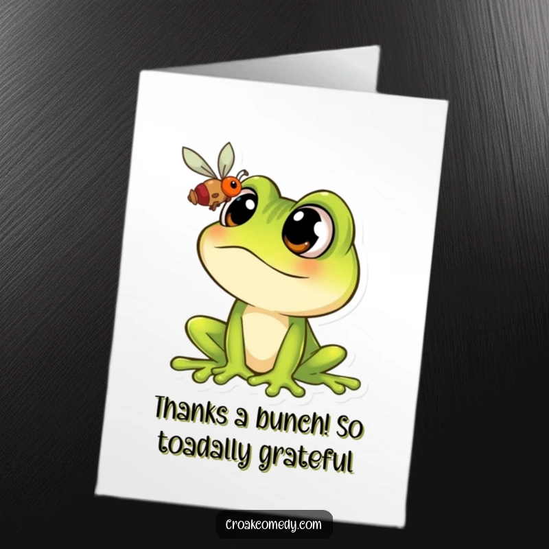 Funny Free Printable Thank You Card: A wide-eyed cartoon frog looks lovingly at a fly, expressing gratitude in a comical way.
