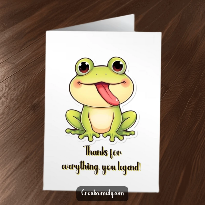 Funny Free Printable Thank You Card: A giggling frog winks and sticks its tongue out, a downloadable gift for heartfelt thanks.