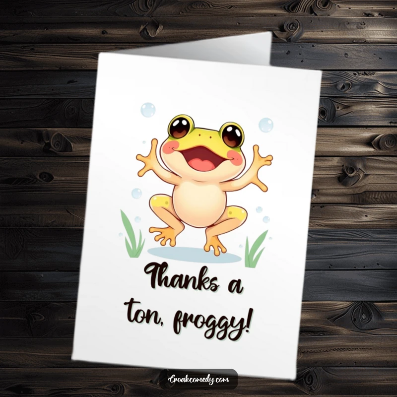 Funny free printable thank you card: an excited frog joyfully jumping between dewdrops, showing enthusiastic thanks.