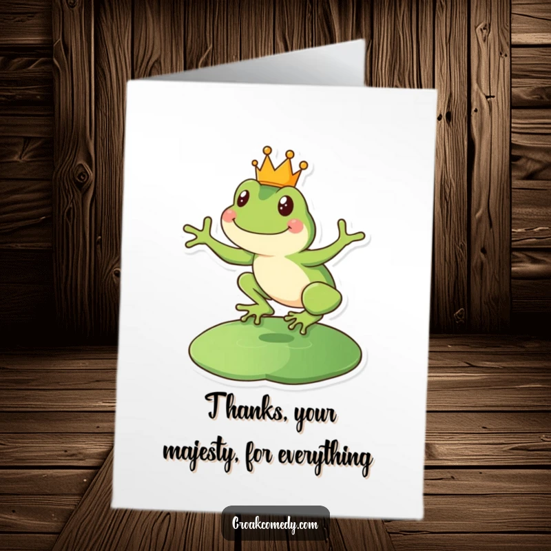 Funny Free Printable Thank You Card of a happy frog in a tiny crown leaping onto a lily pad, expressing thanks.