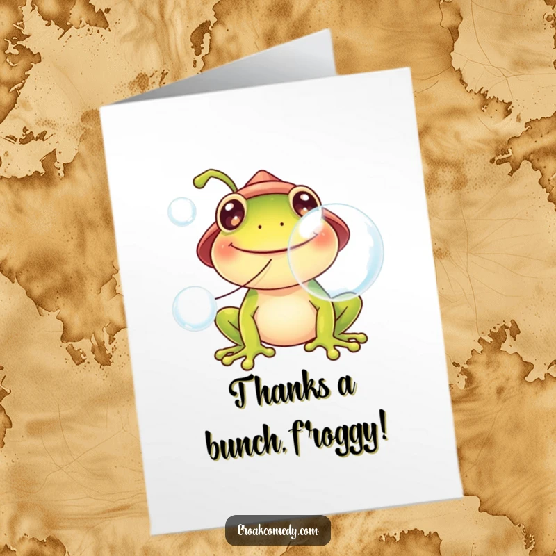 Funny free printable thank you card of a smiling frog wearing a tiny hat blowing large bubbles.