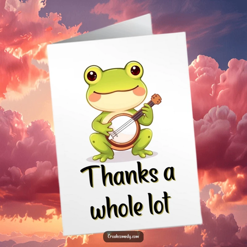 Funny Free Printable Thank You Card: Cheerful frog playing a tiny banjo, sending musical thanks.