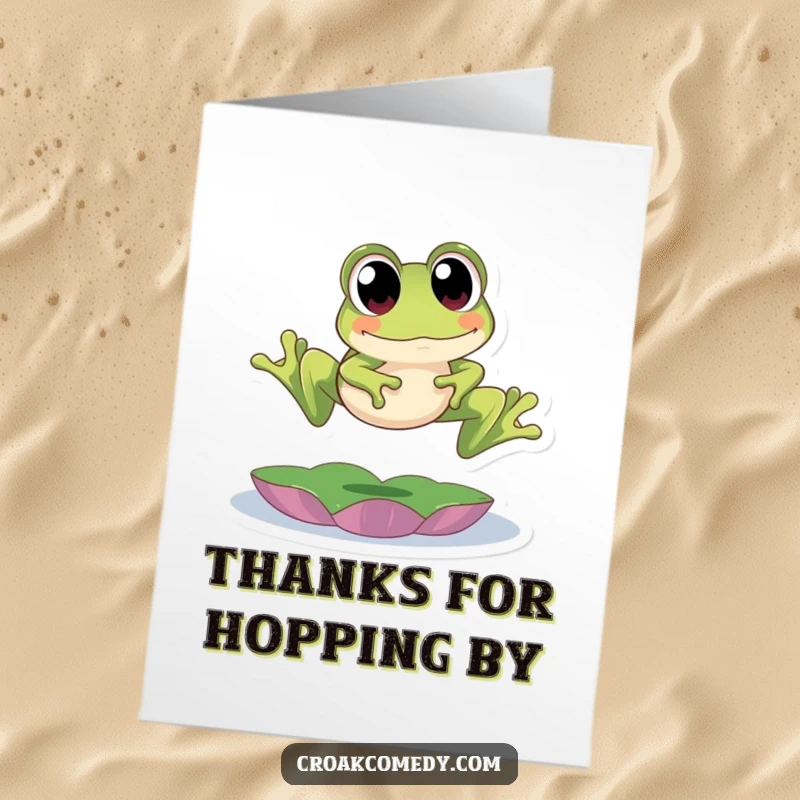 Funny Free Printable Thank You Card of a cute frog with big, expressive eyes leaping gracefully over a lily pad.