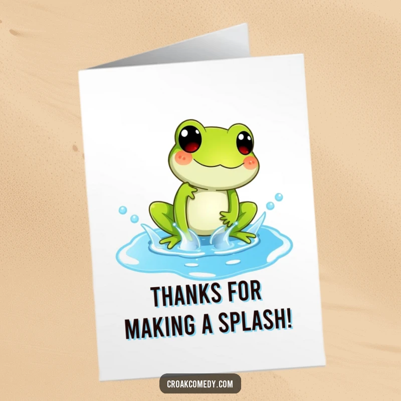 Funny Free Printable Thank You Card: Playful frog splashing in a blue puddle, sending thanks with joy.