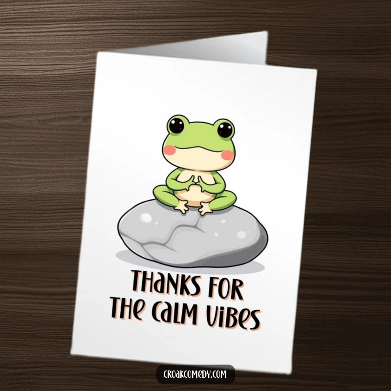 Funny Free Printable Thank You Card: Meditating frog on a stone conveys thanks with peaceful poise.