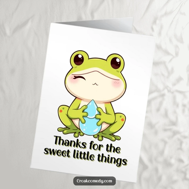 Funny Free Printable Thank You Card: Winking frog holds a dewdrop, showing appreciation with a smile.