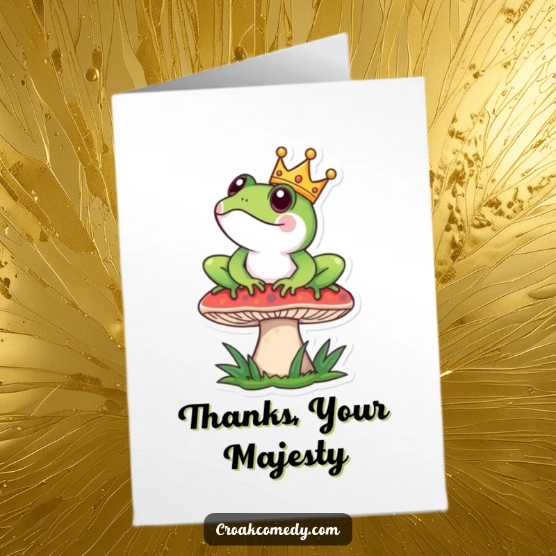 Funny Free Printable Thank You Card: A frog wearing a tiny crown sits regally on a mushroom, offering thanks.