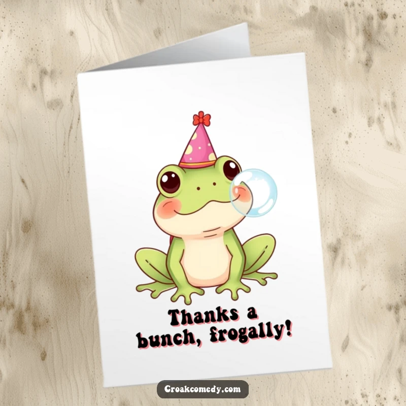 Funny free printable thank you card: a frog in a party hat blowing a bubble, expressing thanks with humor.