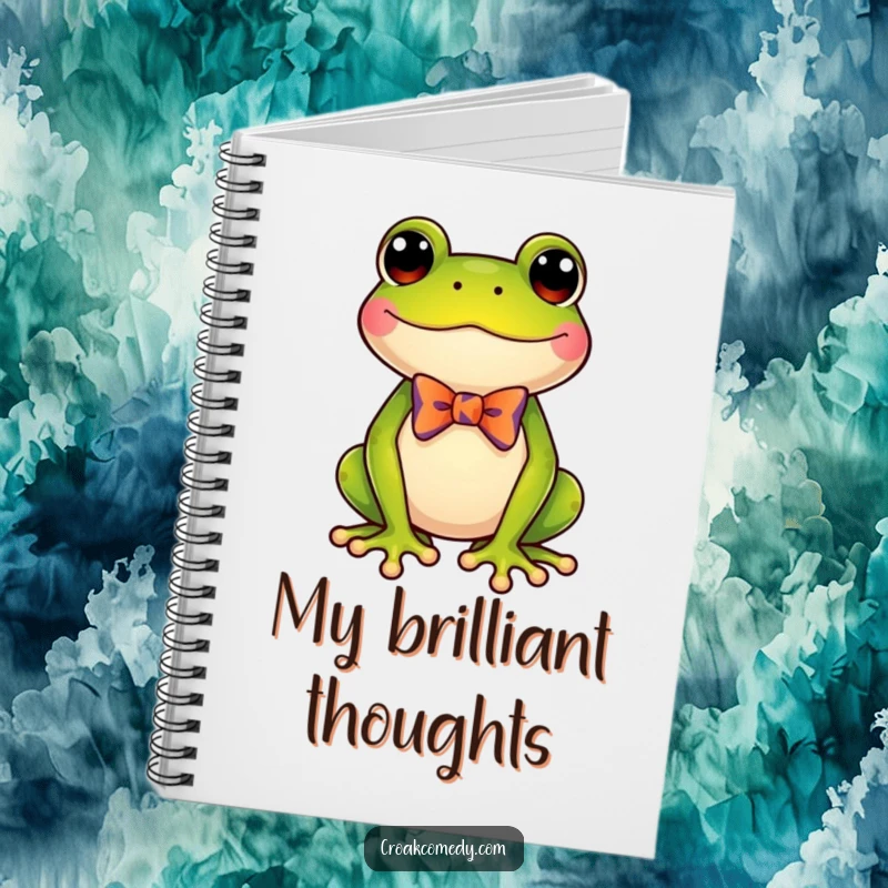 Funny frog wearing a small, colorful bow tie, on a notebook cover, ideal for jotting notes with a touch of humor.