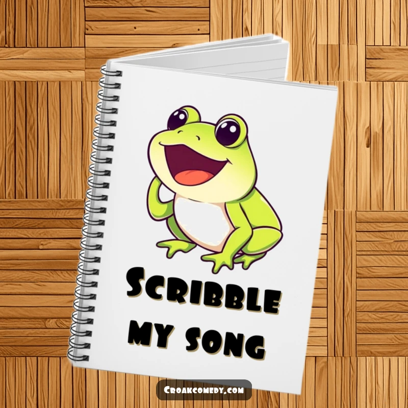 Funny Frog Notebook with a happy frog with mouth open, joyfully croaking to inspire writing, perfect for notes.