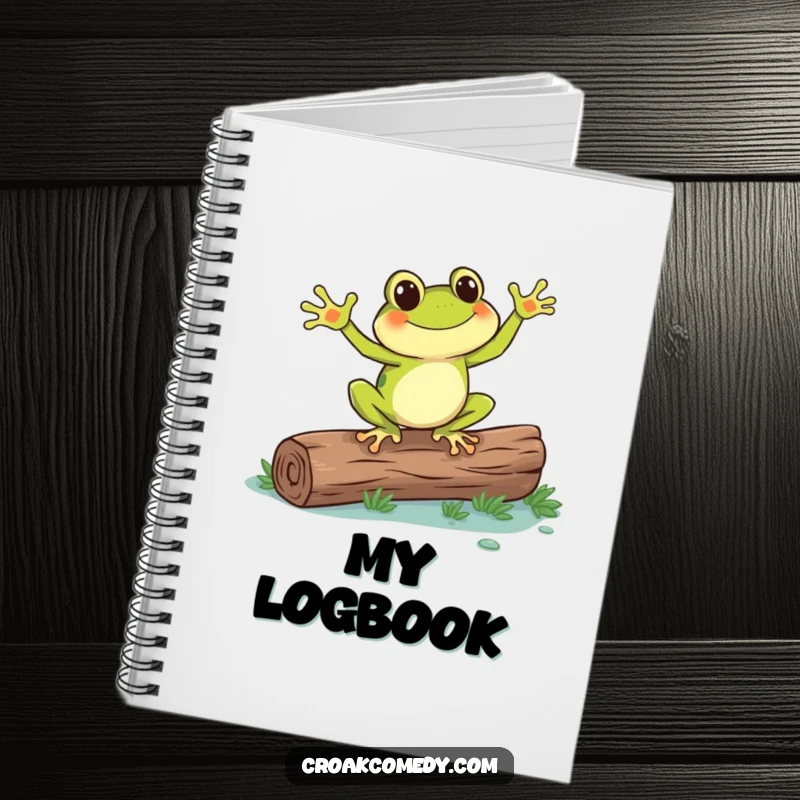 Funny frog in a lively dance on a log, a humorous notebook for capturing thoughts, ideas, and creative inspiration.