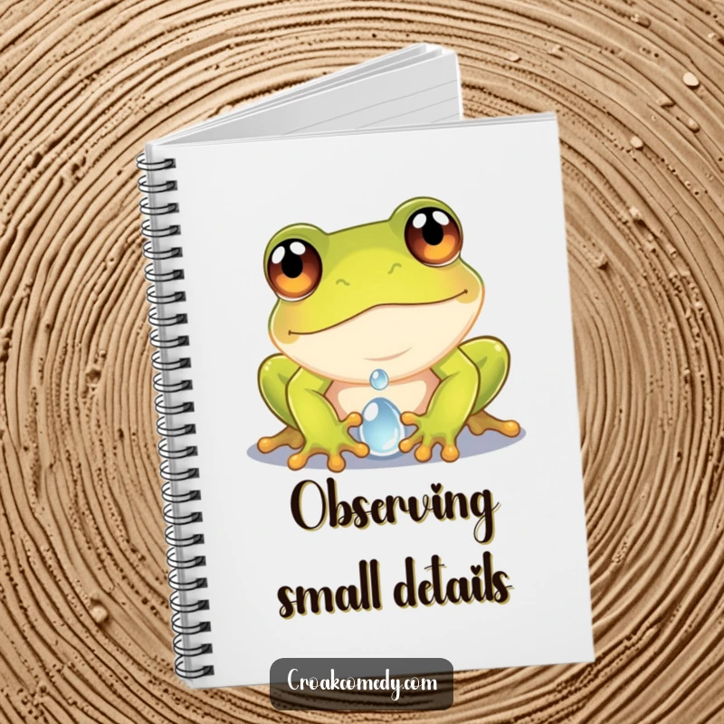 Funny frog notebook with a curious frog with wide eyes peering into a dewdroplet, great for nature journaling.