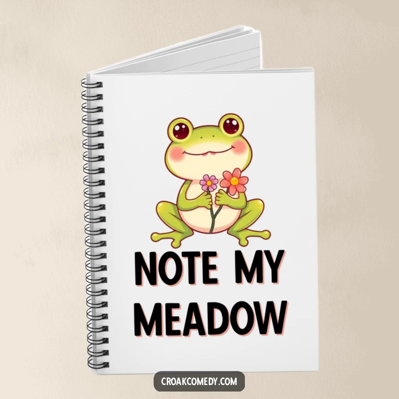Funny Frog Notebook with a cheerful frog holding a flower, legs spread wide to inspire, perfect for jotting funny ideas.