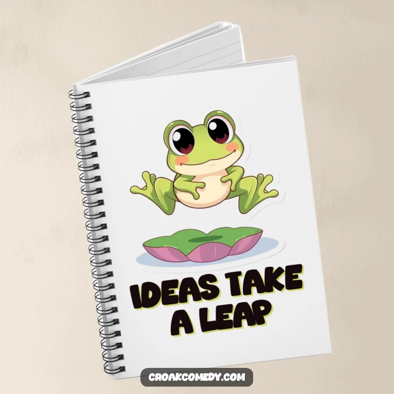 Funny Notebook featuring a cute frog with big eyes leaping over a lily pad, perfect for jotting down ideas with a playful and humorous touch.