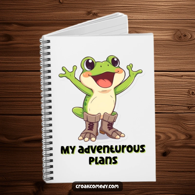 Funny frog notebook with an excited frog wearing oversized boots, ideal for humorous note-taking and adventure planning.